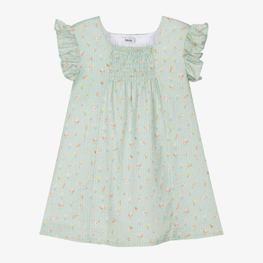 Babidu - Girls Green Cotton Floral Dress | Childrensalon