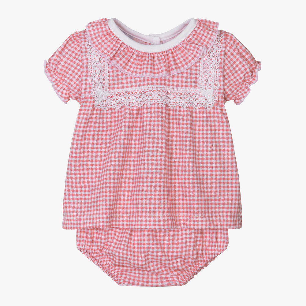 Babidu - Girls Pink Cotton Checked Shorts Set | Childrensalon