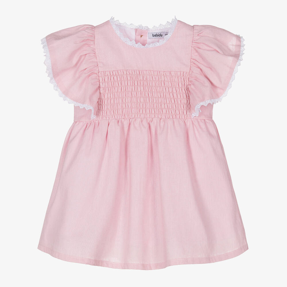 Babidu - Girls Pink Linen & Cotton Dress | Childrensalon