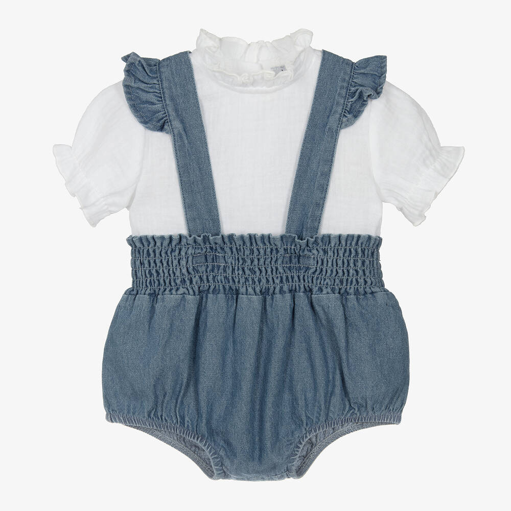 Babidu - Girls White & Blue Cotton Shorts Set | Childrensalon