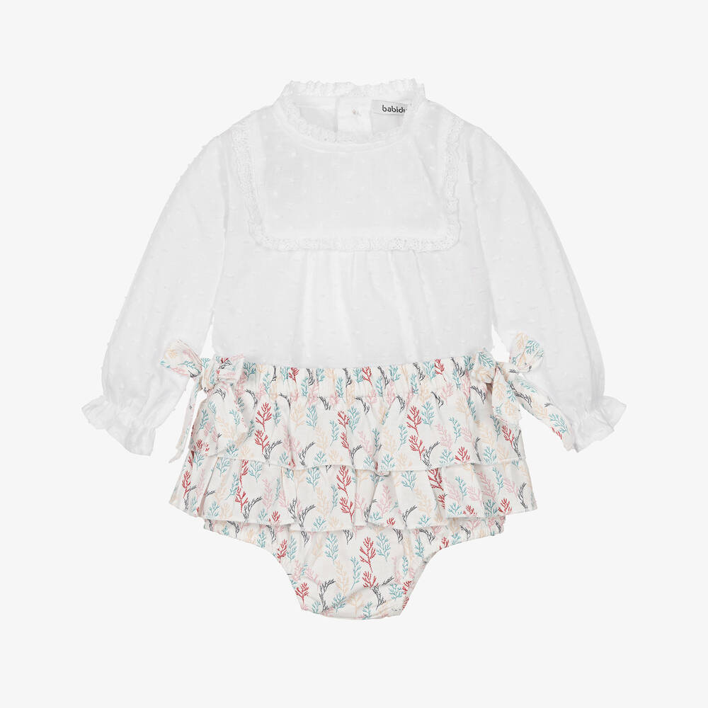 Babidu - Girls White Cotton Leaf Print Shorts Set | Childrensalon