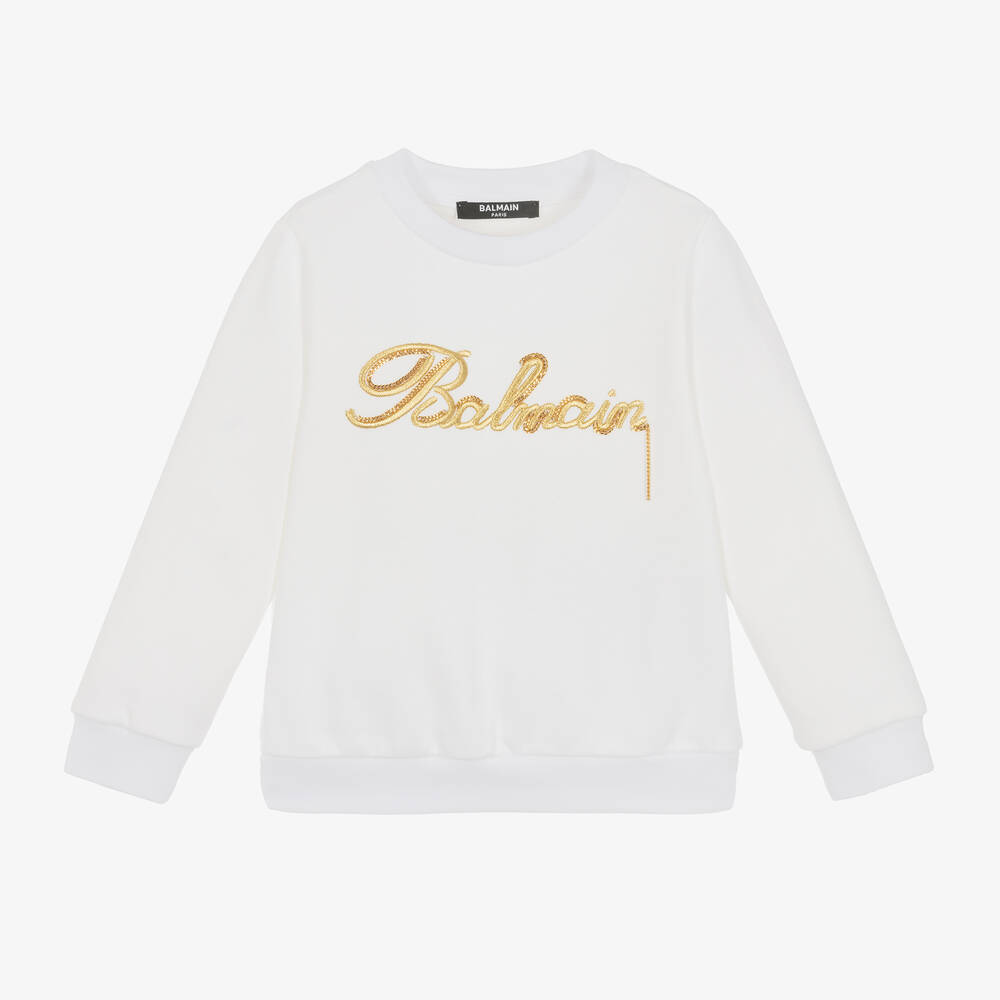 Balmain - Girls White Embroidered Cotton Sweatshirt | Childrensalon