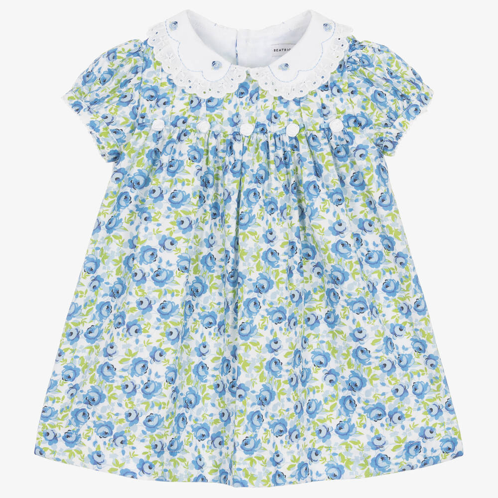 Beatrice & George - Robe et culotte bleues fleuries en coton fille | Childrensalon