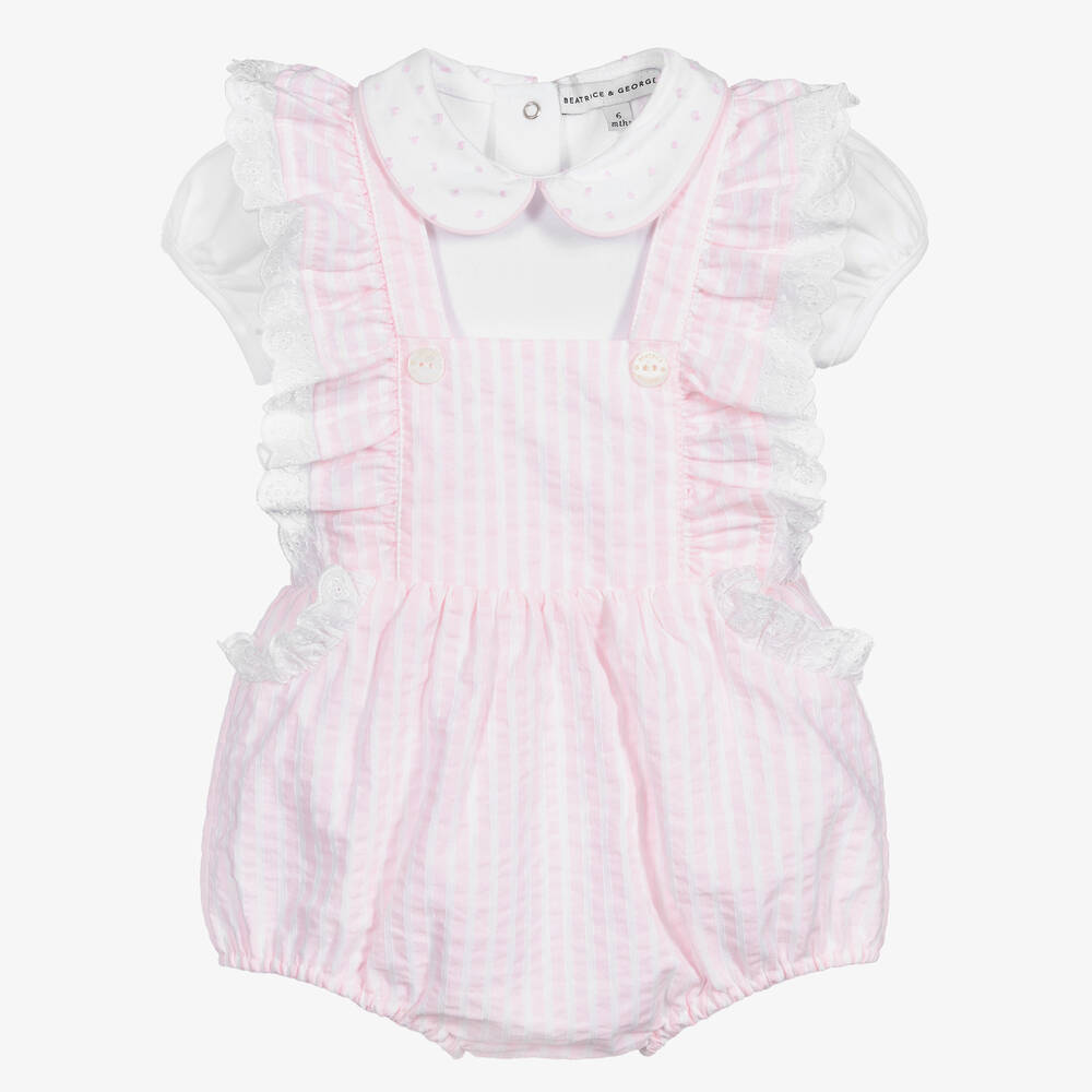 Beatrice & George - Baby Girls Pink Cotton Dungaree Shorts Set | Childrensalon