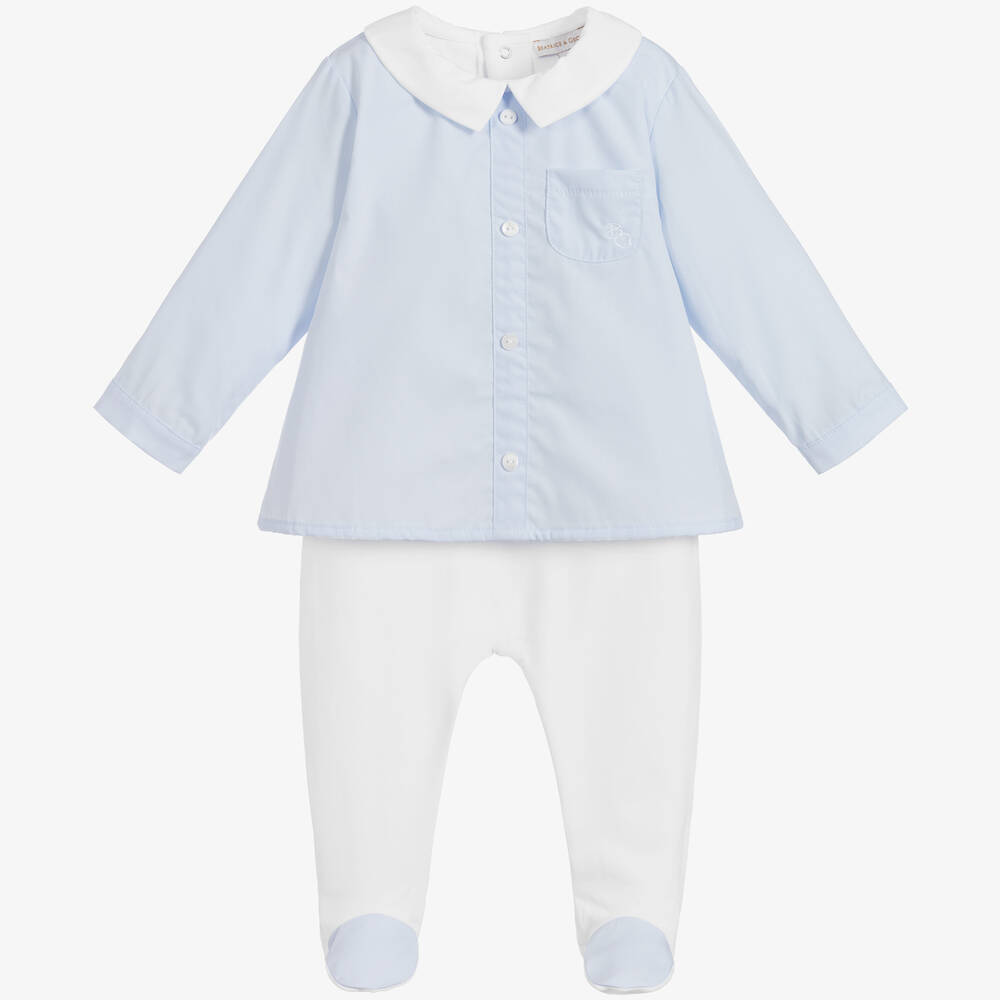Beatrice & George - Blue & White Cotton Babygrow | Childrensalon
