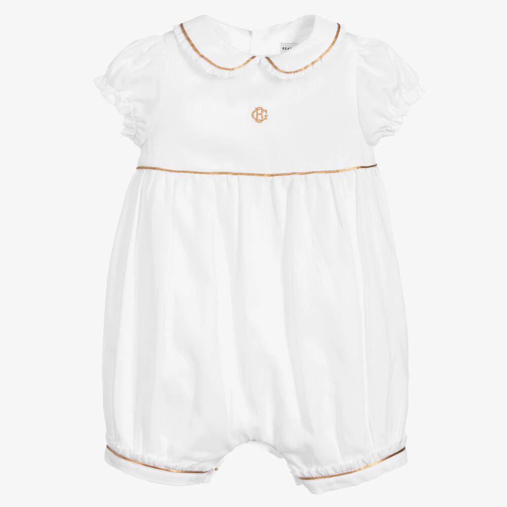 Beatrice & George - White Cotton Monogram Baby Shortie | Childrensalon