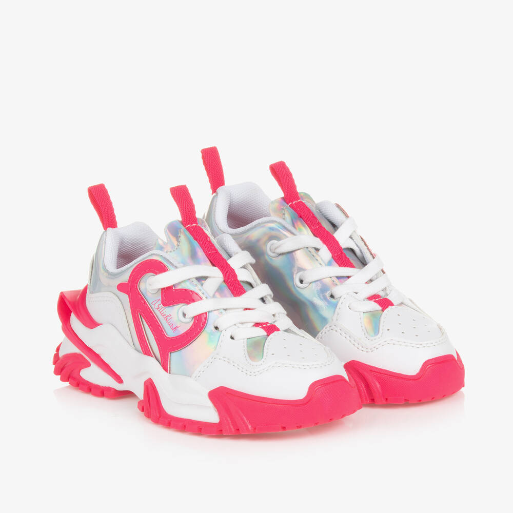 Billieblush - Girls White & Pink Faux Leather Trainers | Childrensalon