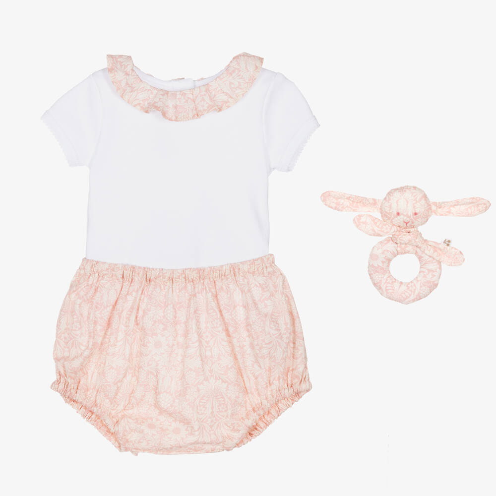 Bonpoint - Baby Girls Pink & White Cotton Shorts Set | Childrensalon