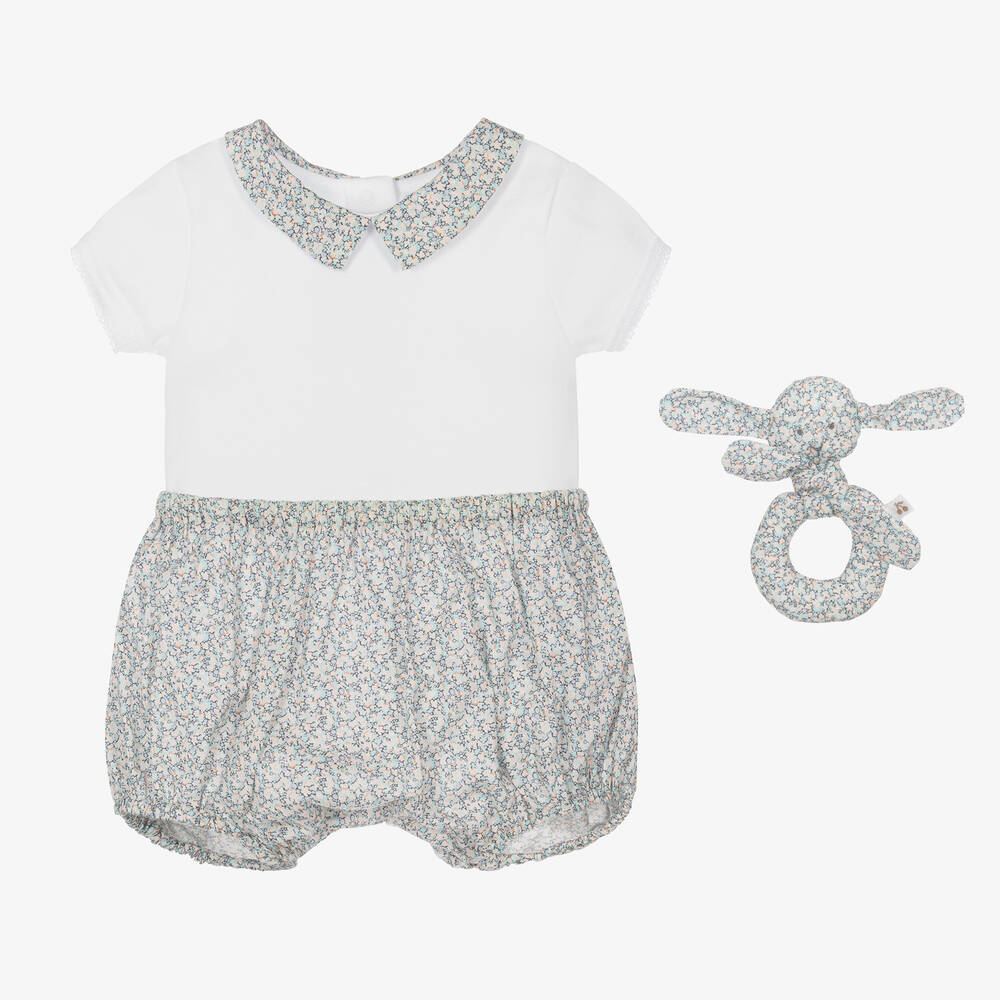 Bonpoint - Baby Girls White & Blue Floral Shorts Set | Childrensalon