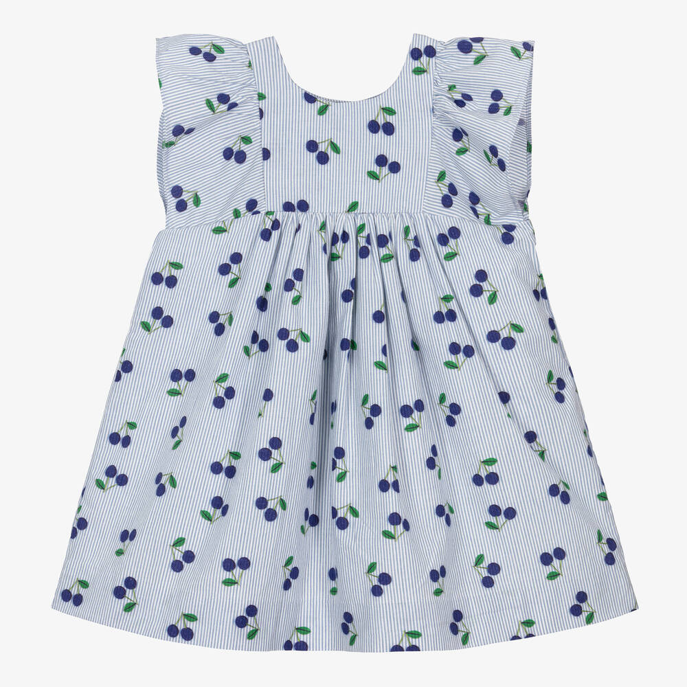 Bonpoint - Girls Blue Stripe Cherry Dress | Childrensalon