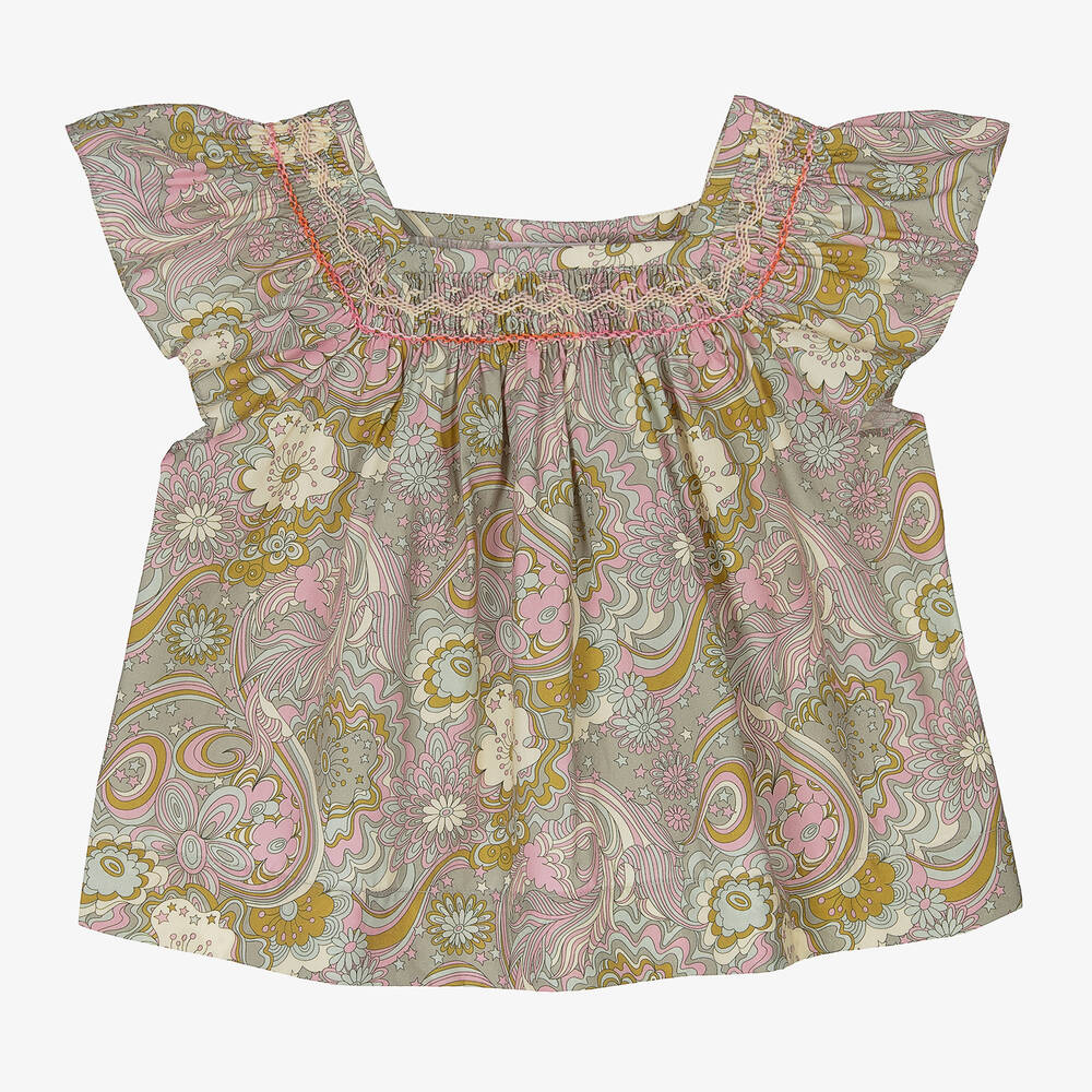 Bonpoint - Girls Green Liberty Print Smocked Blouse | Childrensalon