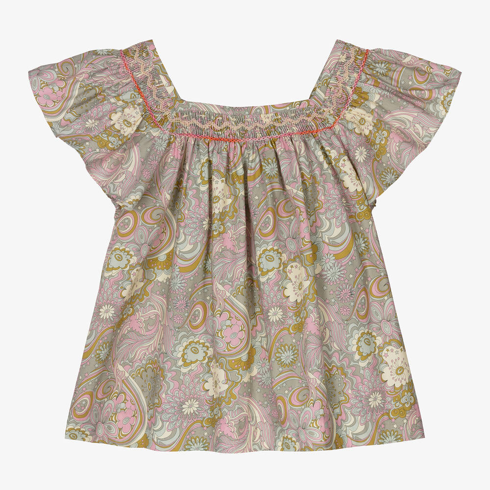 Bonpoint - Teen Girls Green Liberty Print Smocked Blouse | Childrensalon