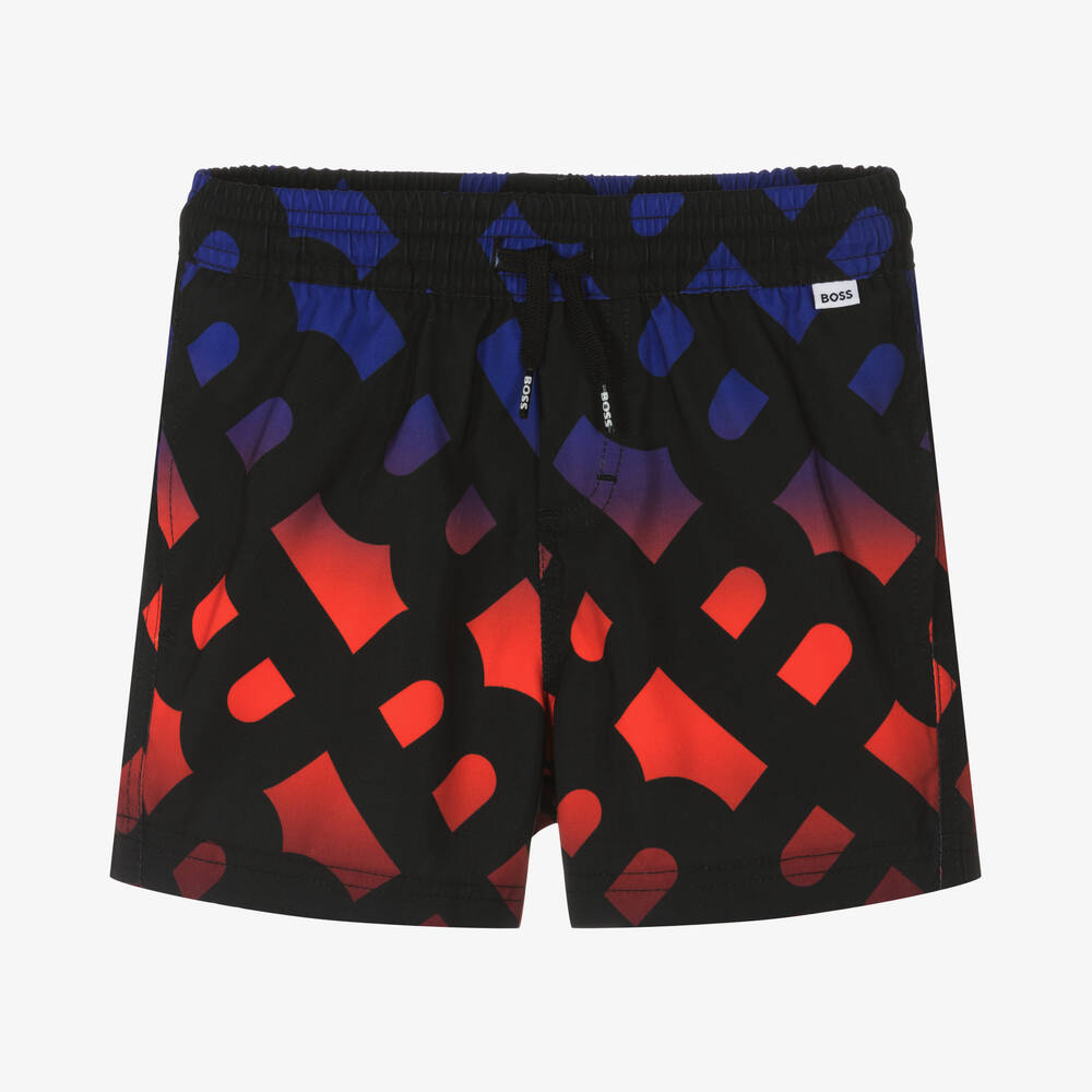 BOSS - Boys Black Monogram Swim Shorts | Childrensalon