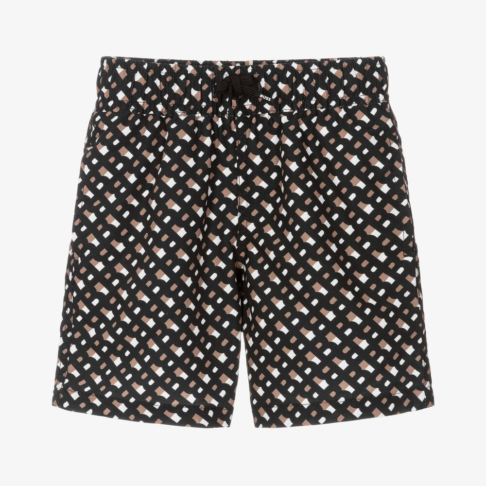 BOSS - Boys Black Monogram Swim Shorts | Childrensalon