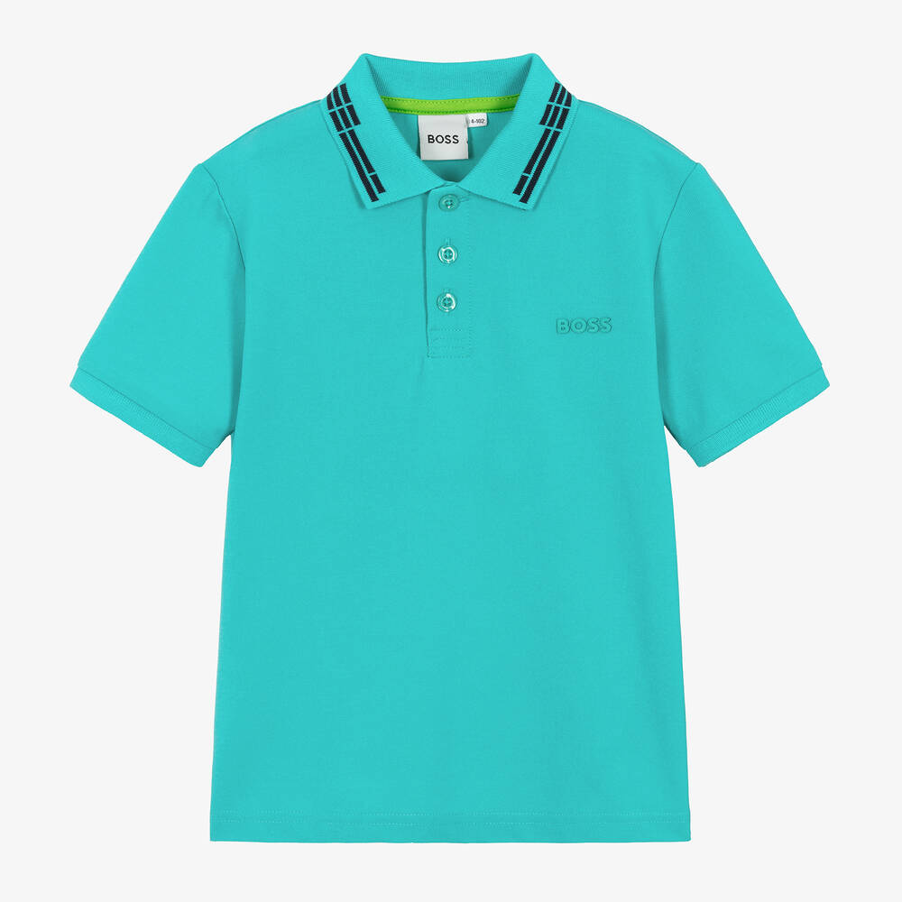 BOSS - Boys Blue Cotton Piqué Polo Shirt | Childrensalon