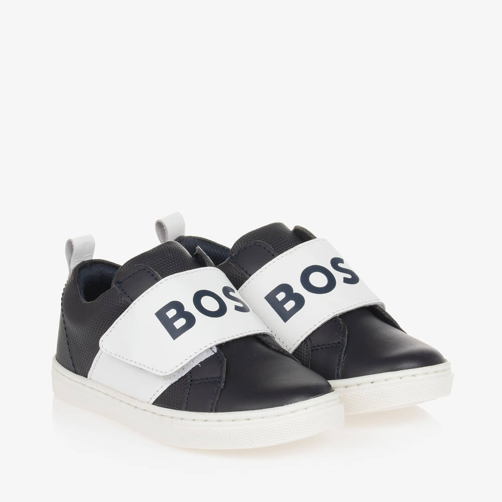 BOSS - Boys Navy Blue Leather Velcro Trainers  | Childrensalon