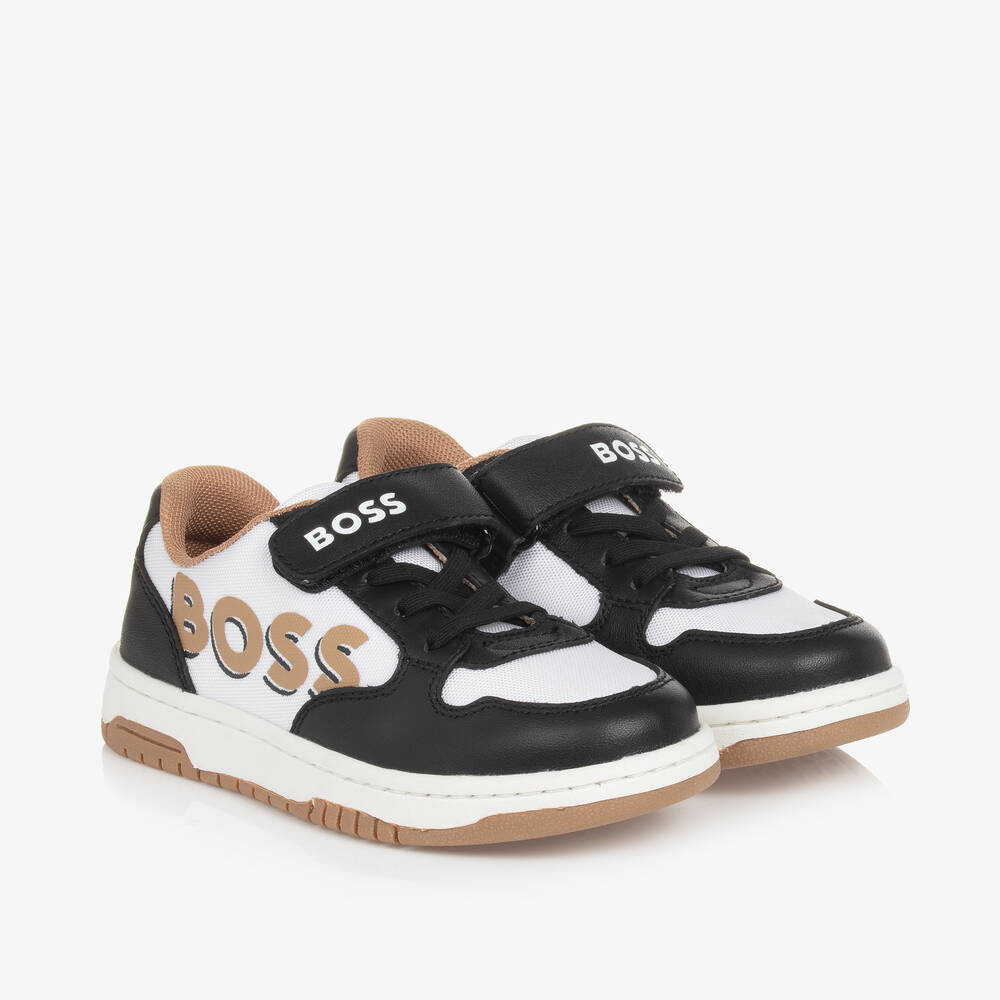 BOSS - Boys White & Black Velcro Trainers | Childrensalon