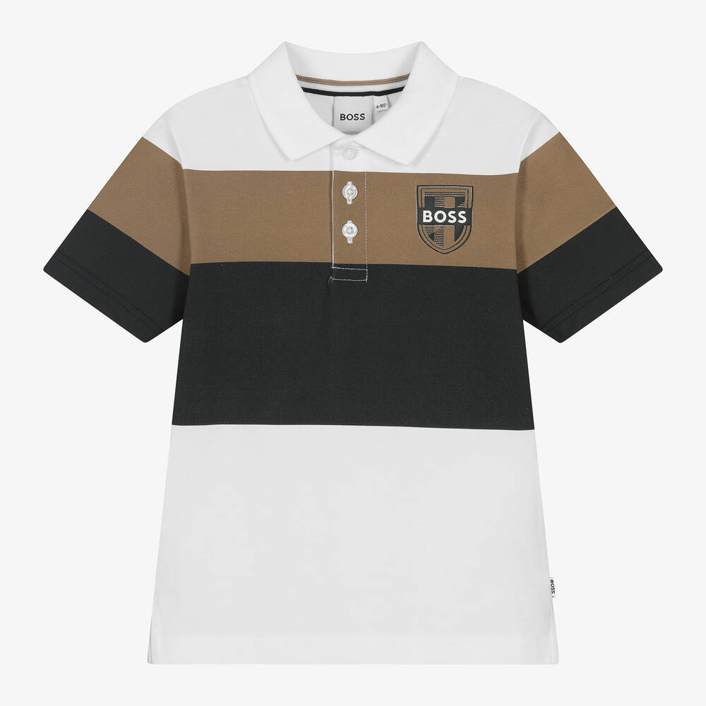 BOSS - Polo blanc color block en coton garçon | Childrensalon