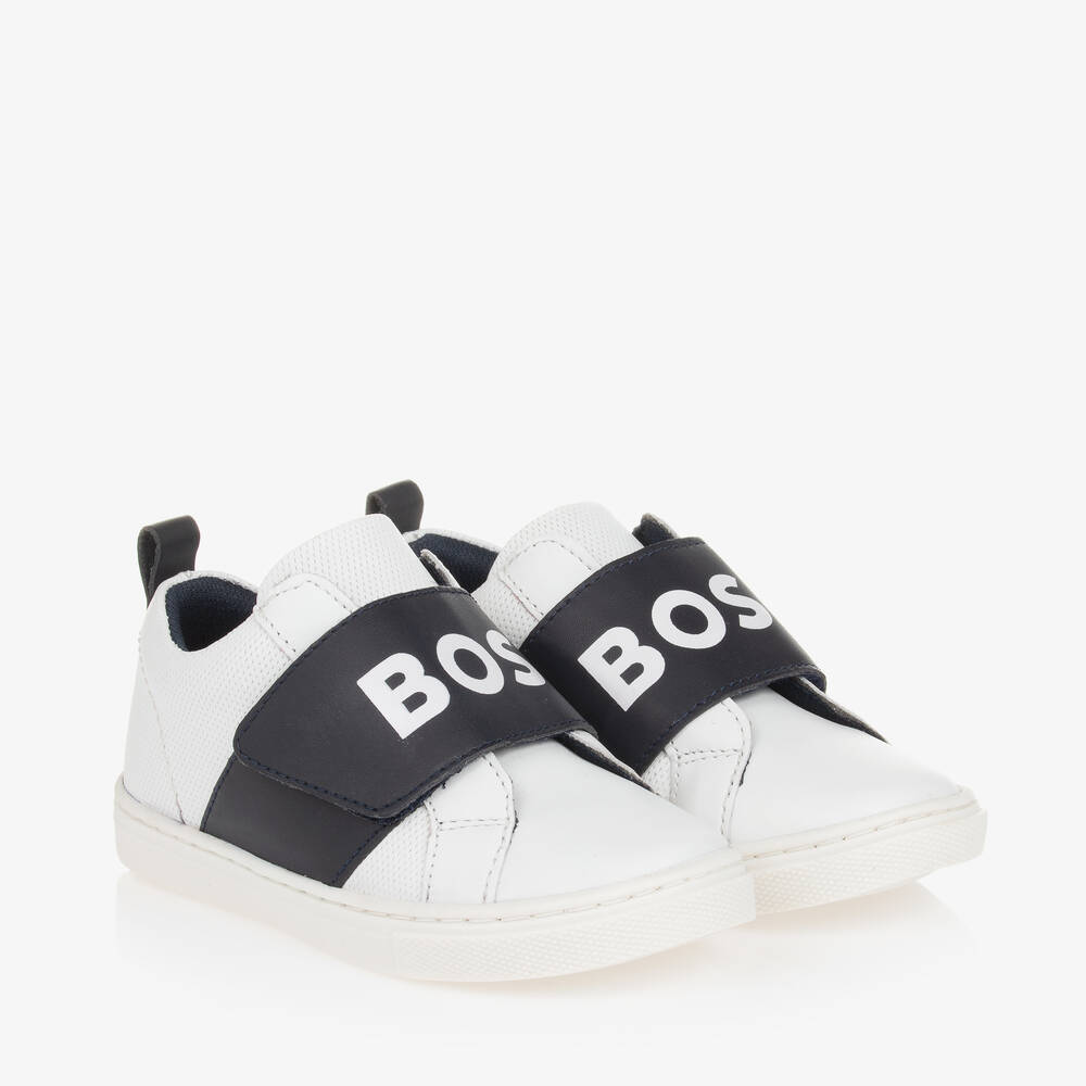 BOSS - Boys White Leather Velcro Trainers  | Childrensalon