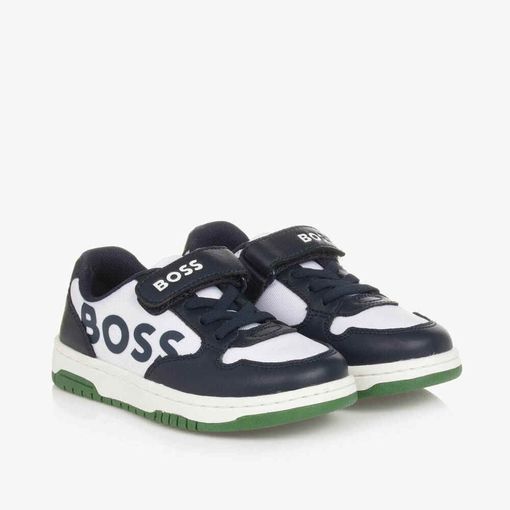 BOSS - Boys White & Navy Blue Velcro Trainers | Childrensalon