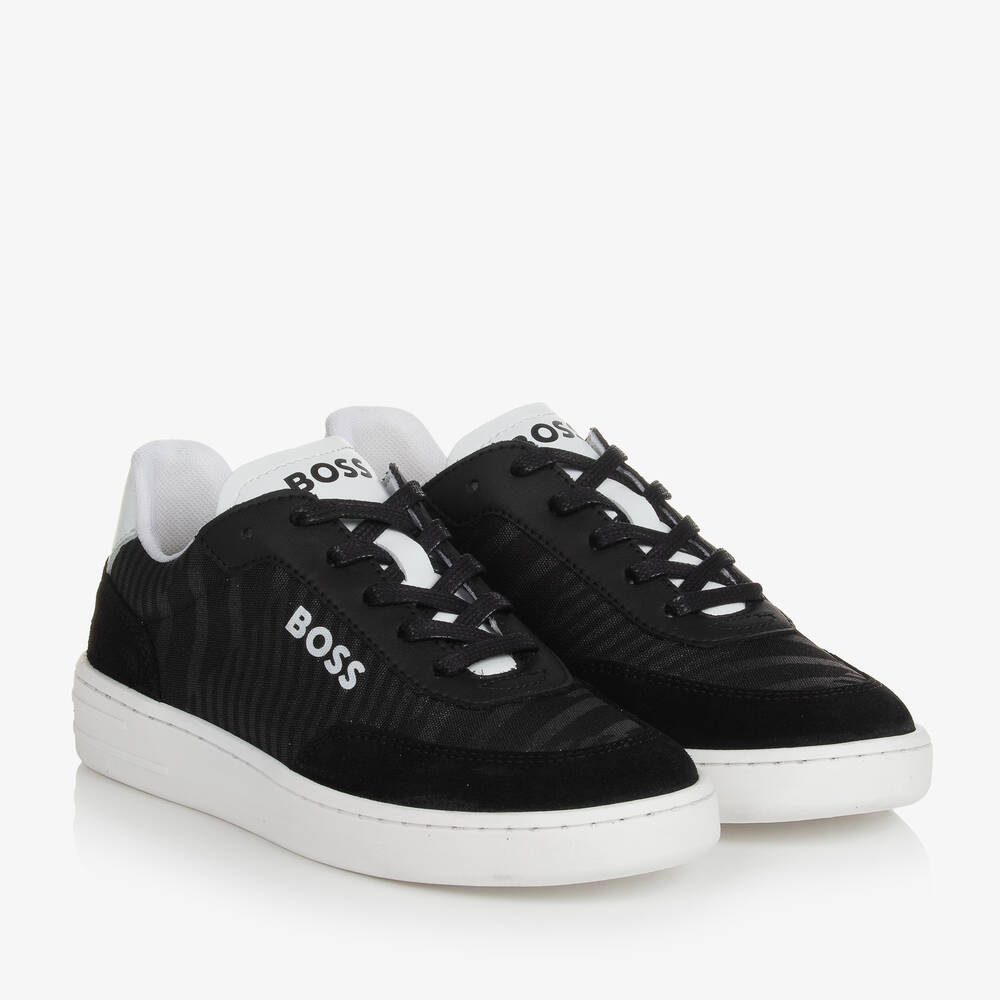 BOSS - Teen Boys Black Canvas & Leather Trainers | Childrensalon