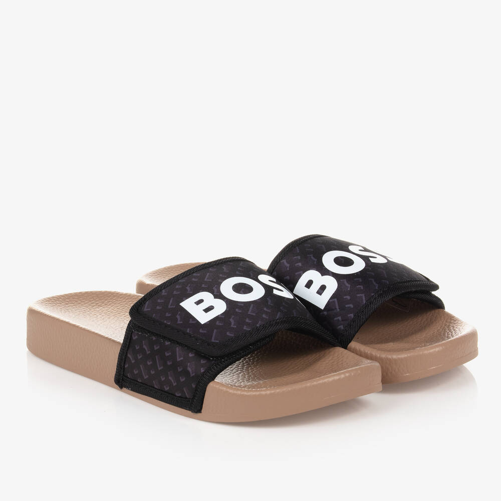 BOSS - Teen Boys Black Monogram Sliders | Childrensalon