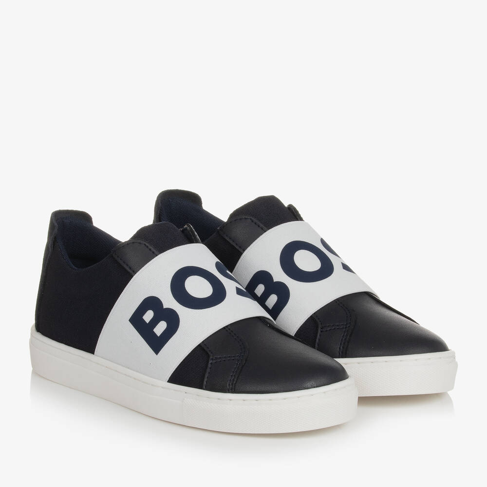 BOSS - Teen Boys Navy Blue Leather Trainers | Childrensalon