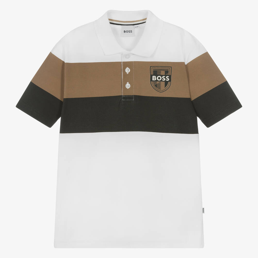 BOSS - Polo blanc colourblock en coton ado | Childrensalon