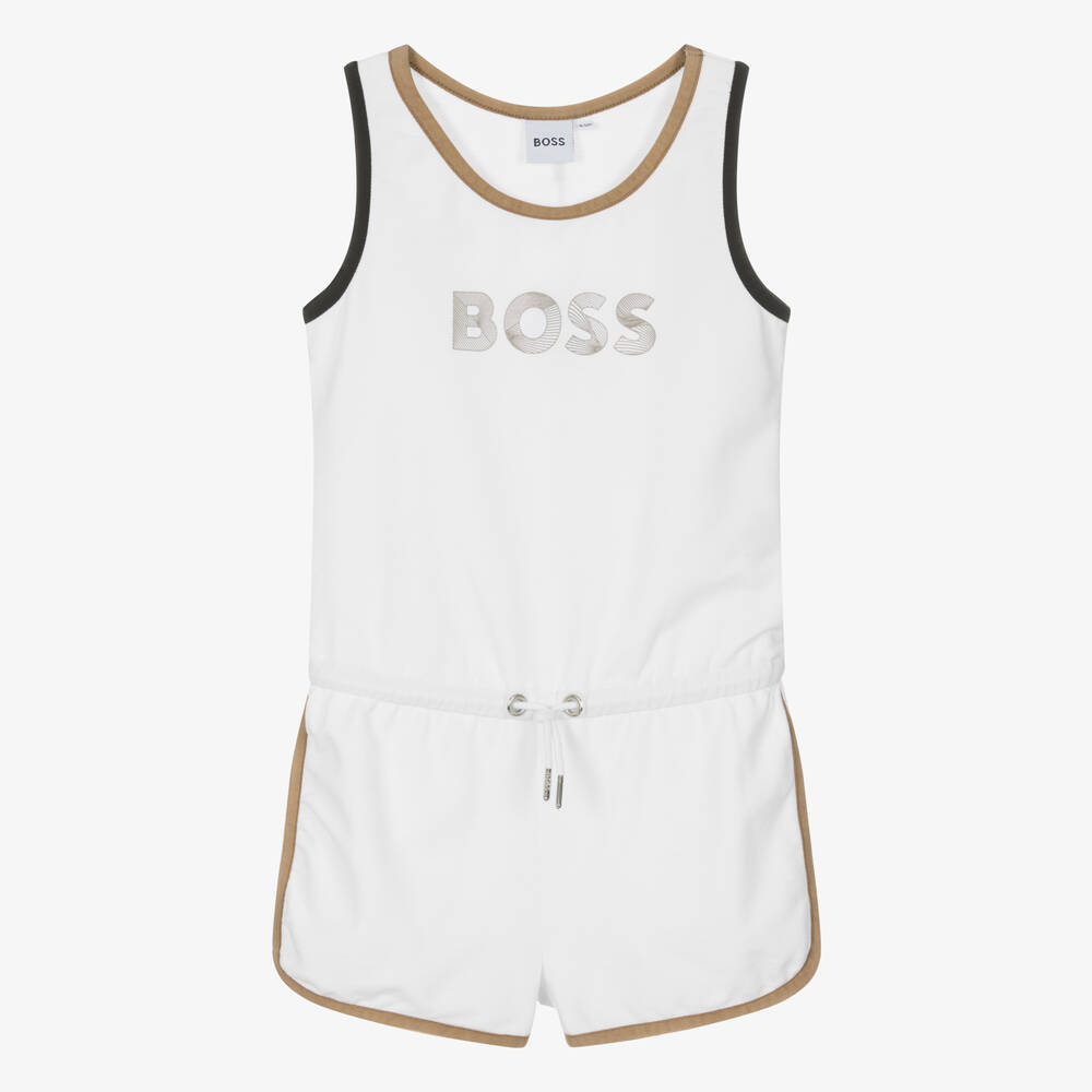 BOSS - Teen Girls White Cotton Playsuit | Childrensalon