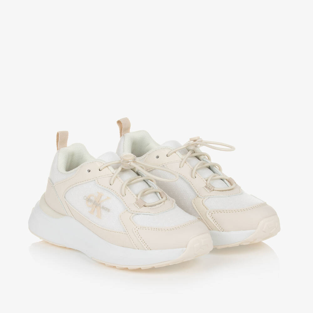 Calvin Klein - Beige & White Faux Leather Trainers | Childrensalon