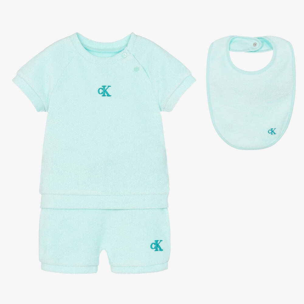 Calvin Klein - Blue Cotton Towelling Baby Shorts Gift Set | Childrensalon