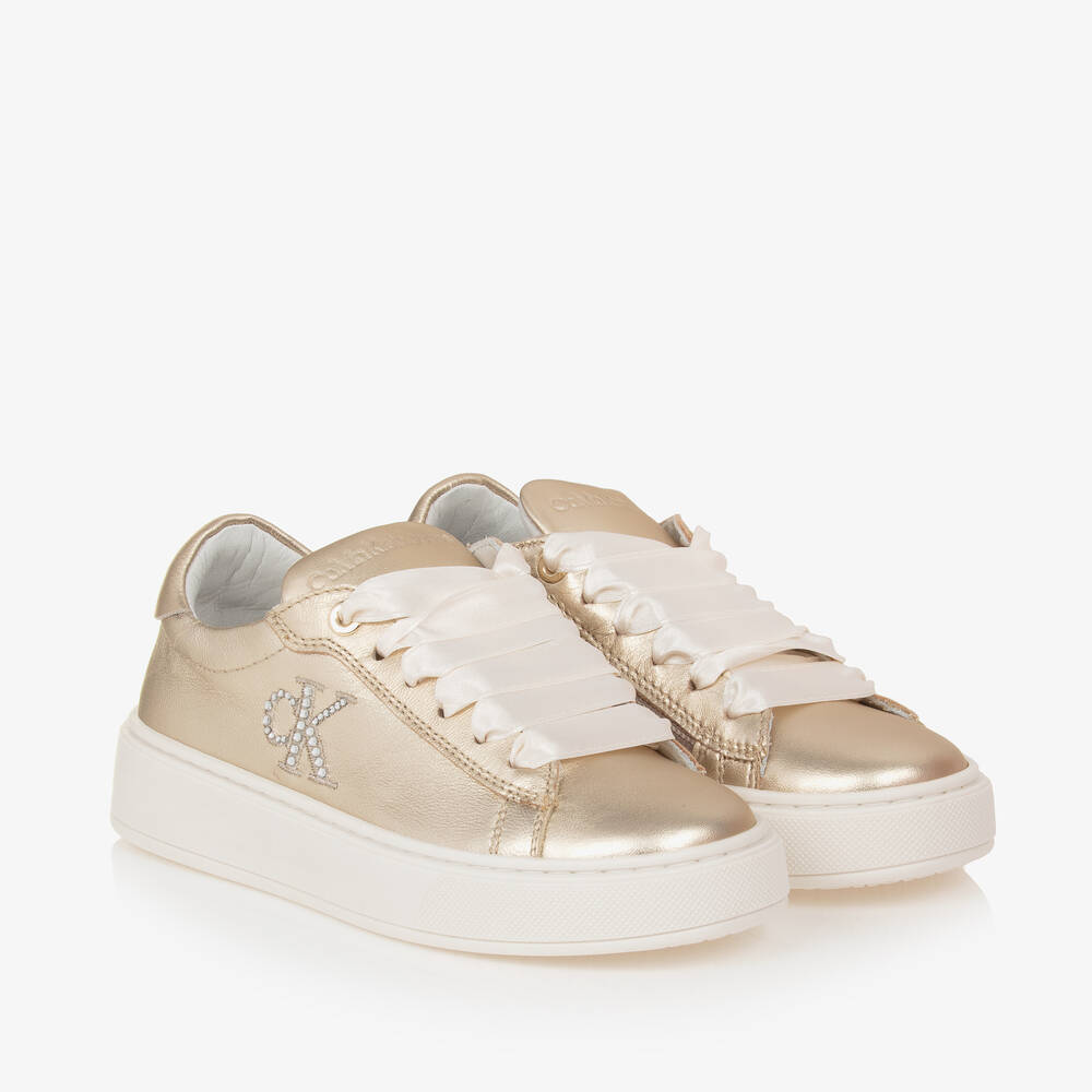 Calvin Klein - Girls Metallic Gold Leather Trainers | Childrensalon