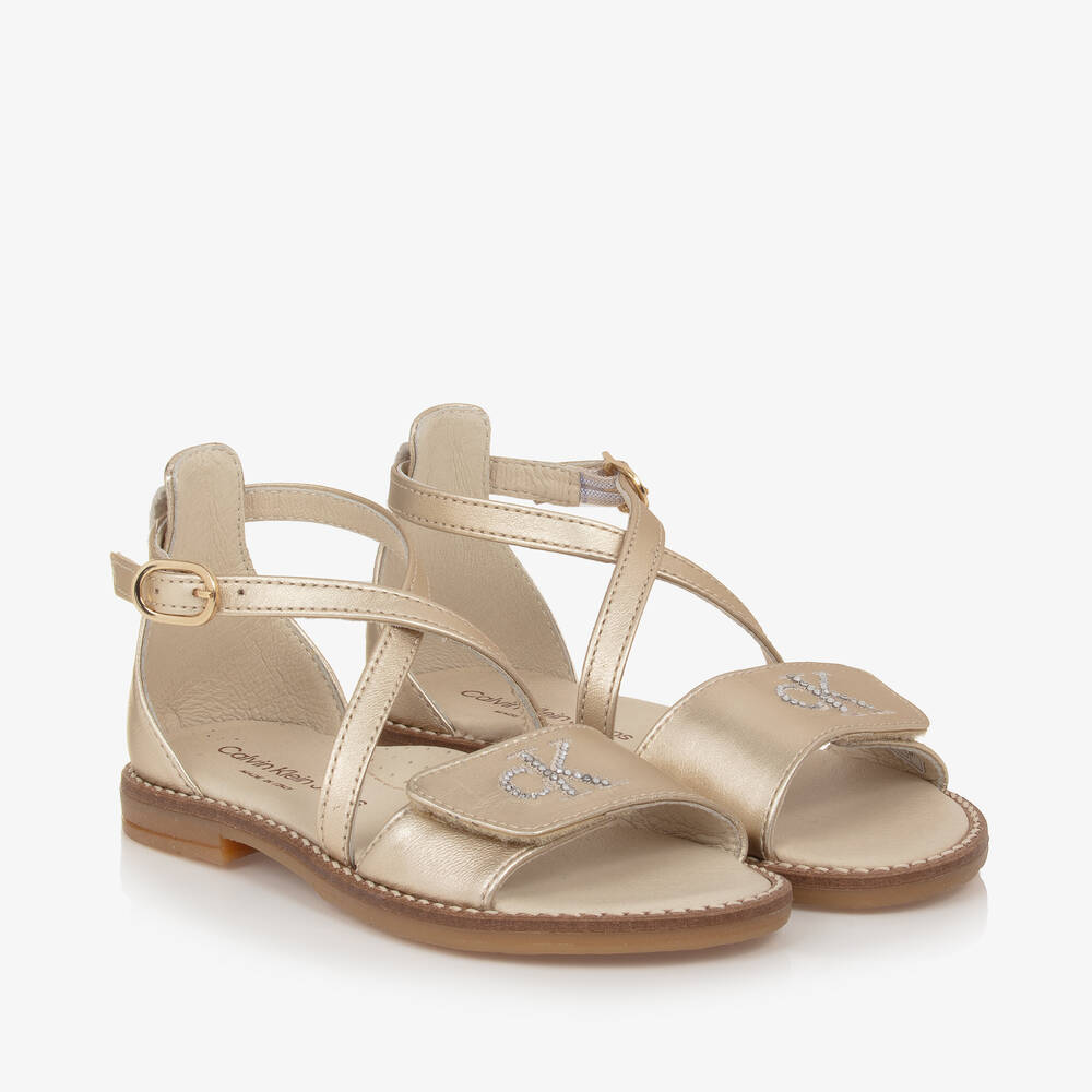 Calvin Klein - Girls Pale Gold Leather Sandals | Childrensalon