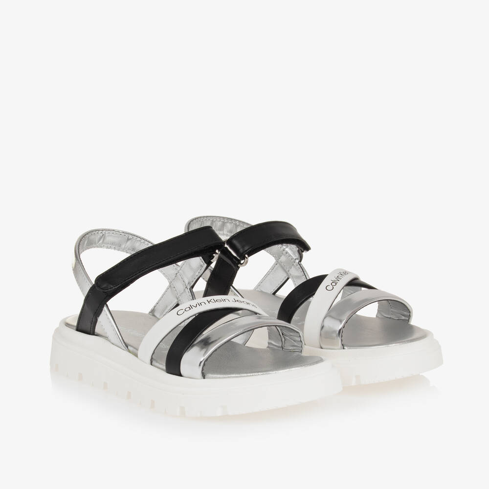 Calvin Klein - Girls Silver & Black Sandals | Childrensalon