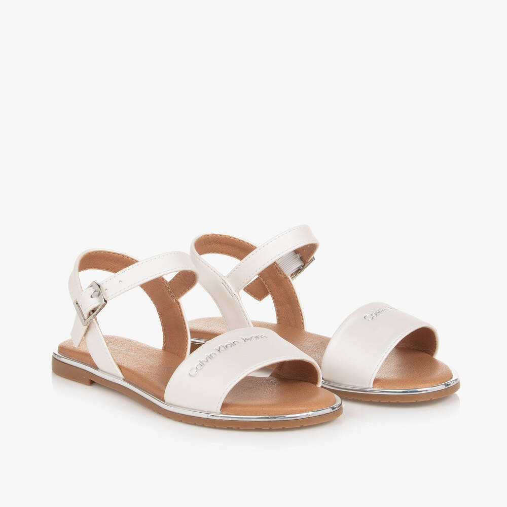 Calvin Klein - Girls White Faux Leather Sandals | Childrensalon