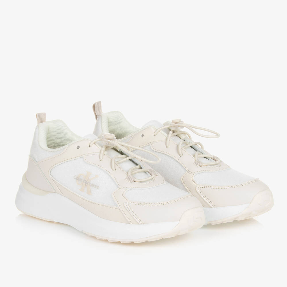 Calvin Klein - Teen Beige Mesh & Faux Leather Trainers | Childrensalon