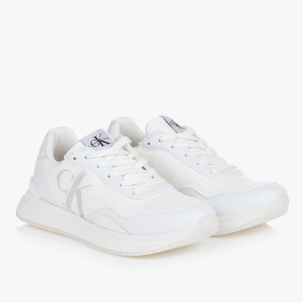 Calvin Klein - Teen Girls White Faux Leather Trainers | Childrensalon