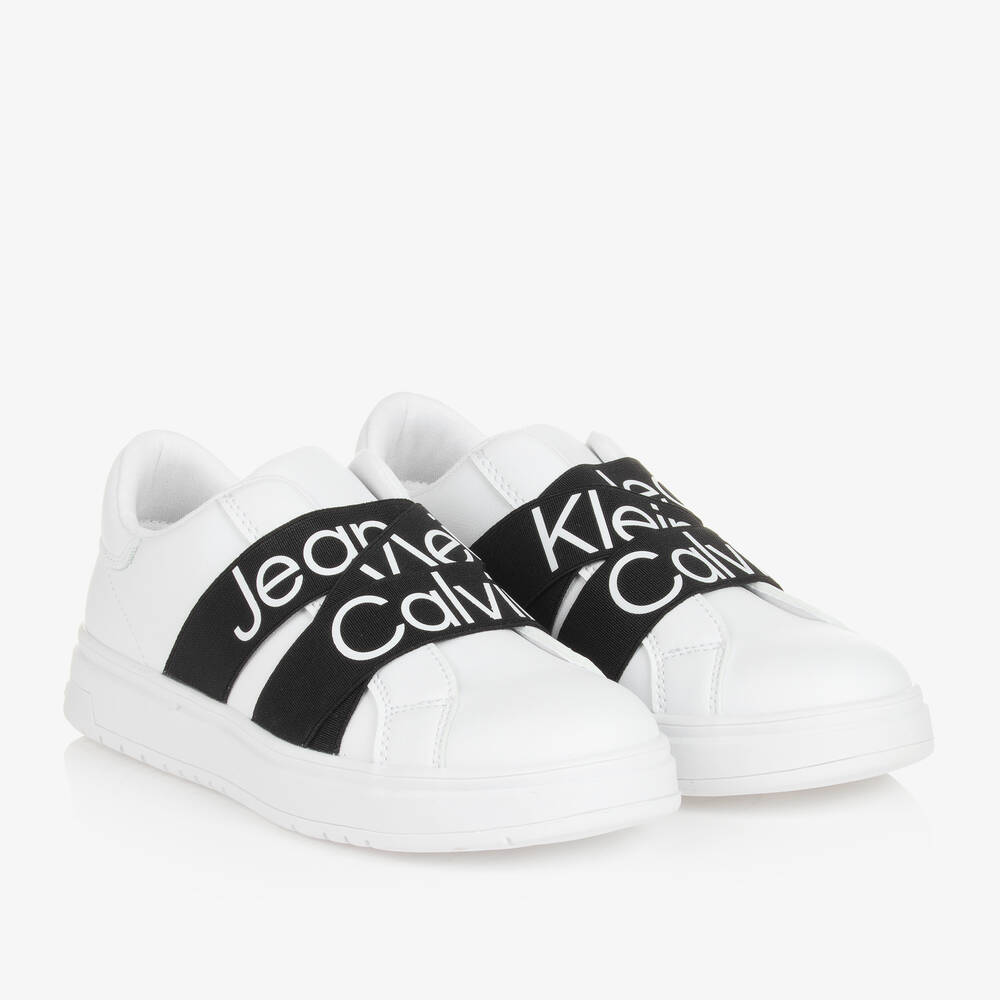 Calvin Klein - Teen White & Black Faux Leather Trainers | Childrensalon