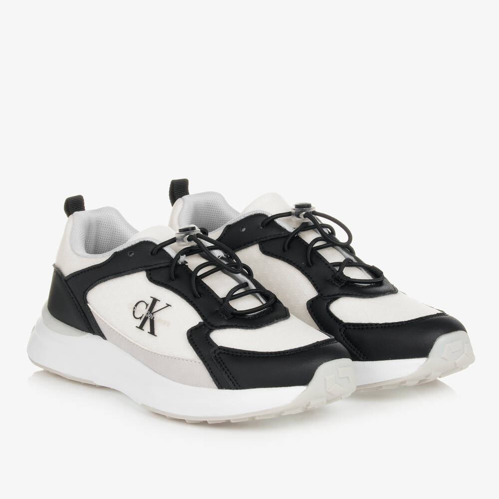 Calvin Klein - Teen White & Black Mesh & Faux Leather Trainers | Childrensalon