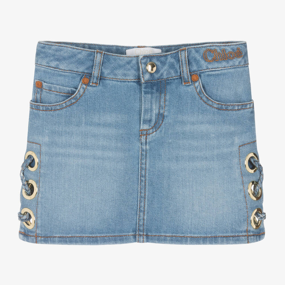 Chloé - Girls Blue Denim Eyelet Skirt | Childrensalon