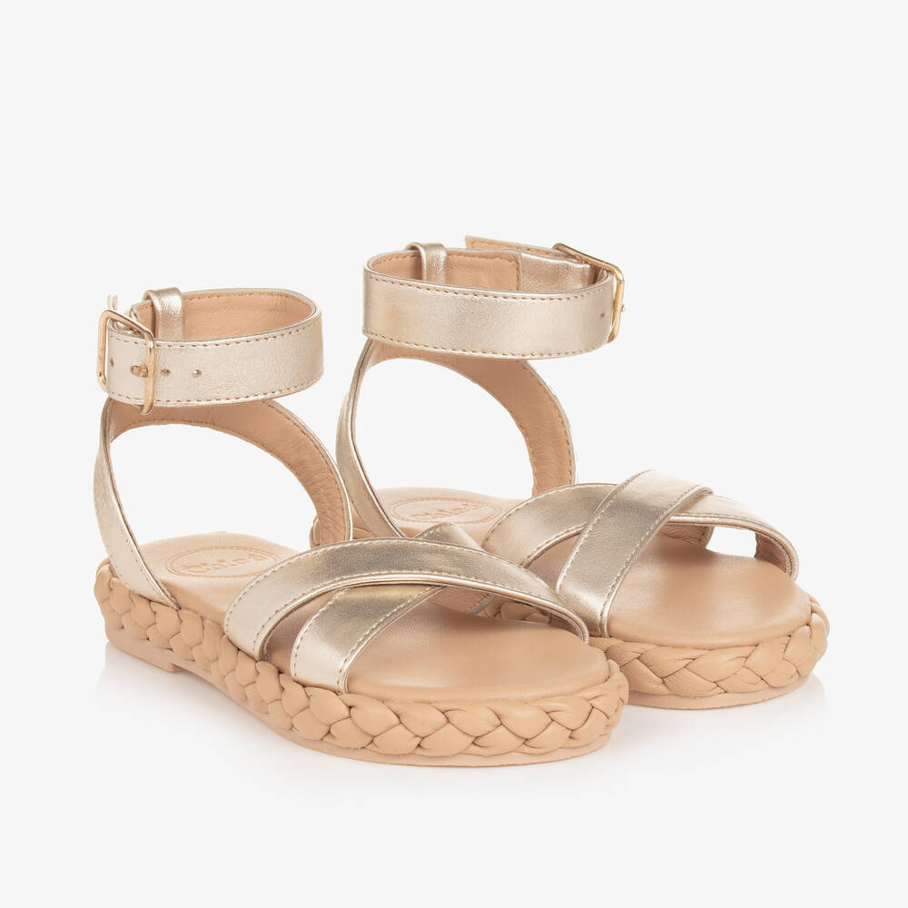 Chloé - Girls Gold Braided Leather Sandals | Childrensalon