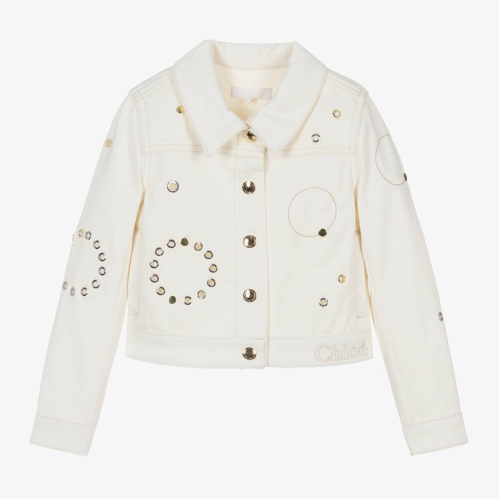 Chloé - جاكيت Eyelet قطن دنيم لون عاجي للبنات | Childrensalon