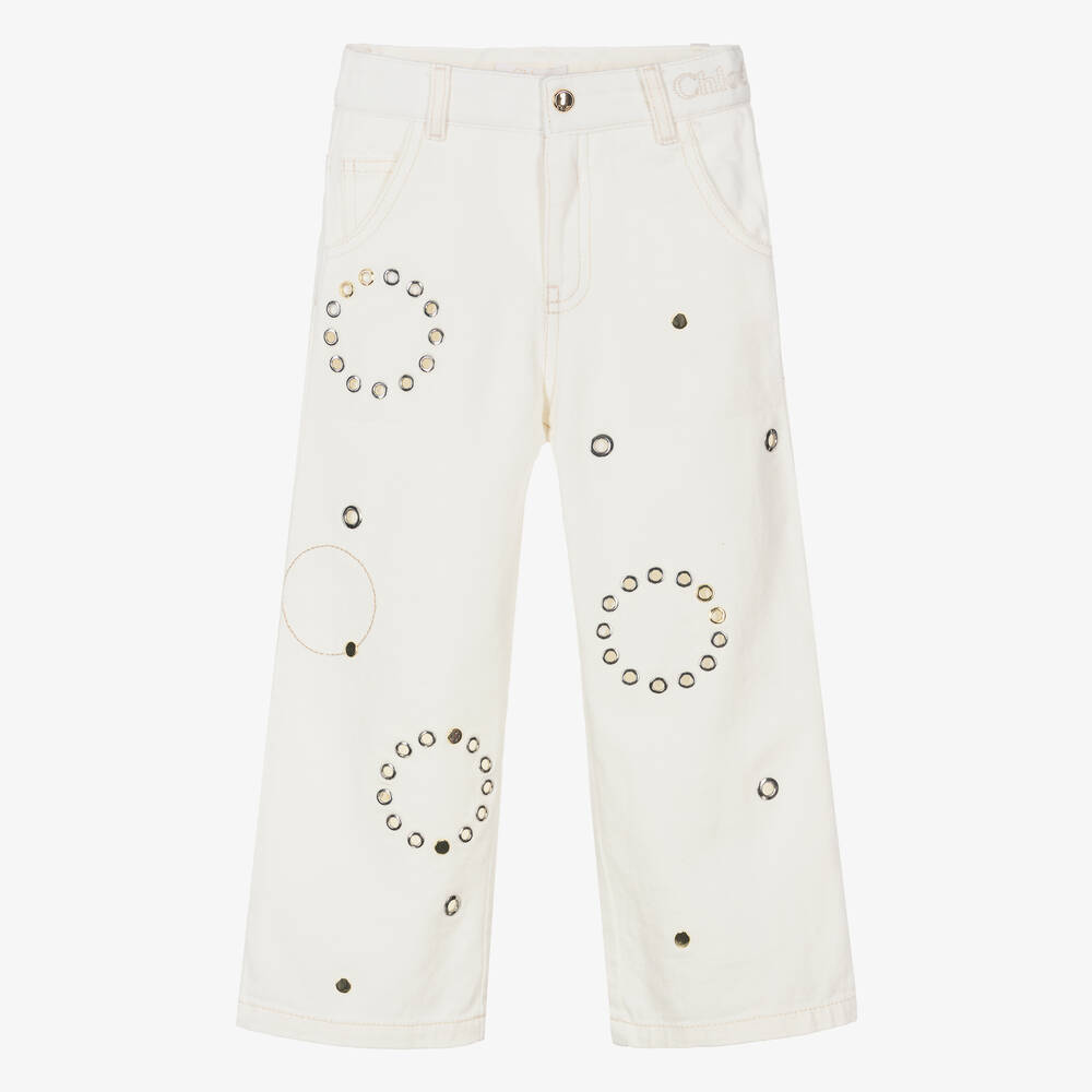 Chloé - Girls Ivory Eyelet Denim Jeans | Childrensalon