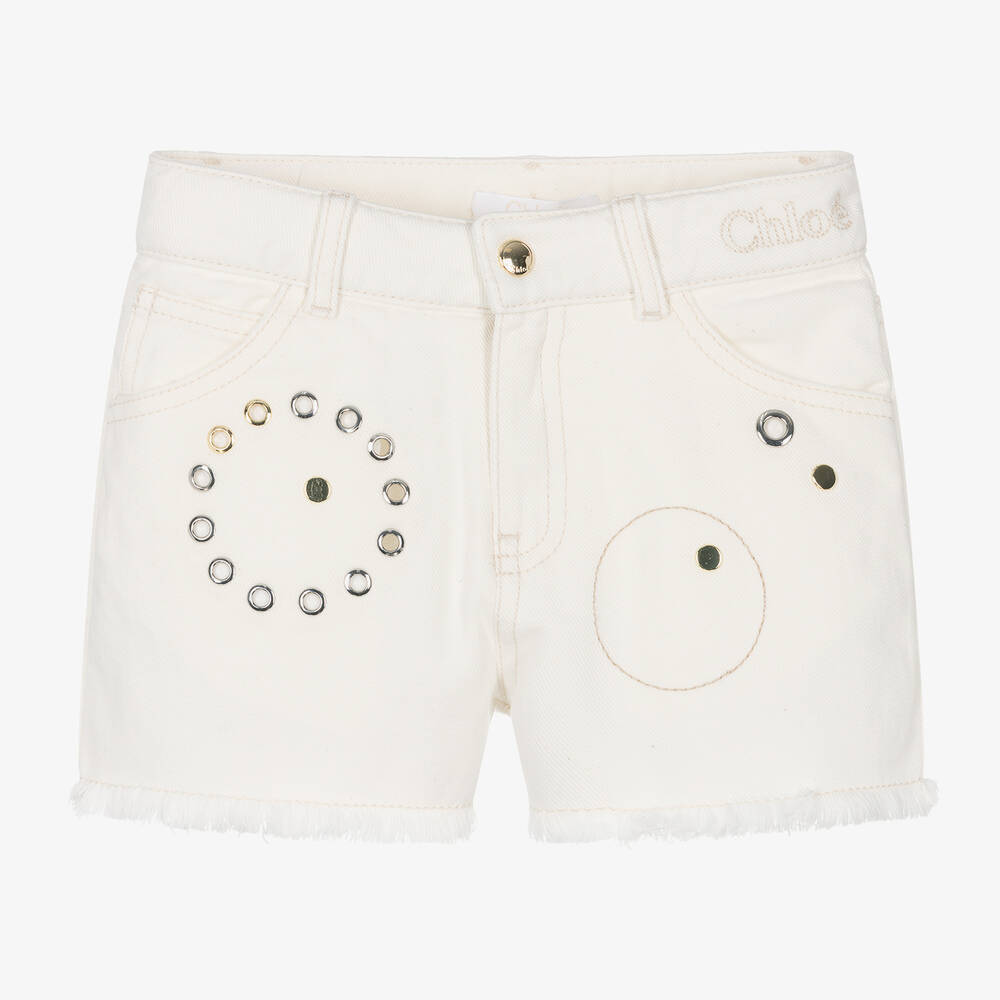 Chloé - Girls Ivory Eyelet Denim Shorts | Childrensalon