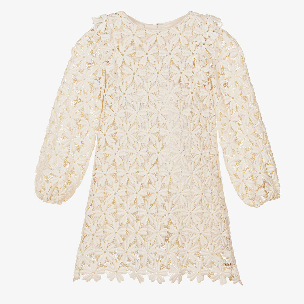 Chloé - Girls Ivory Floral Guipure Lace Dress | Childrensalon