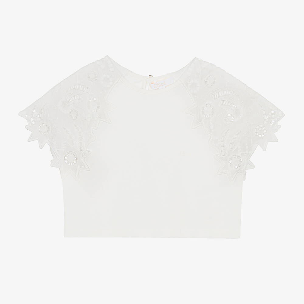 Chloé - Girls Ivory Organic Cotton T-Shirt | Childrensalon