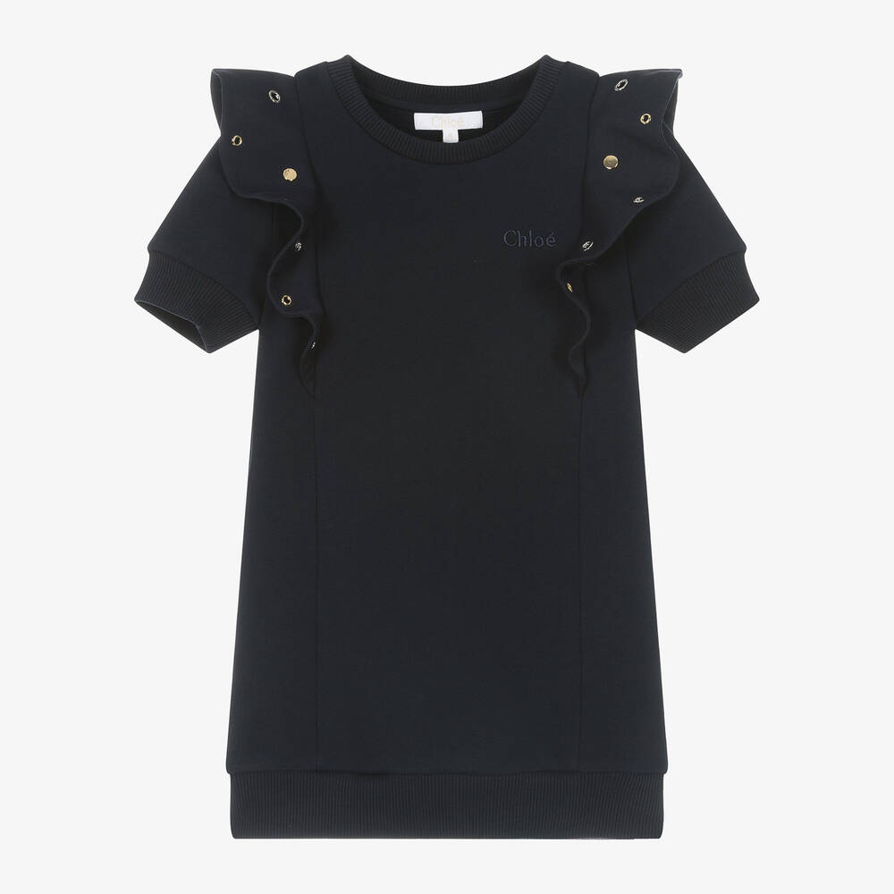 Chloé - Girls Navy Blue Cotton Eyelet Dress | Childrensalon