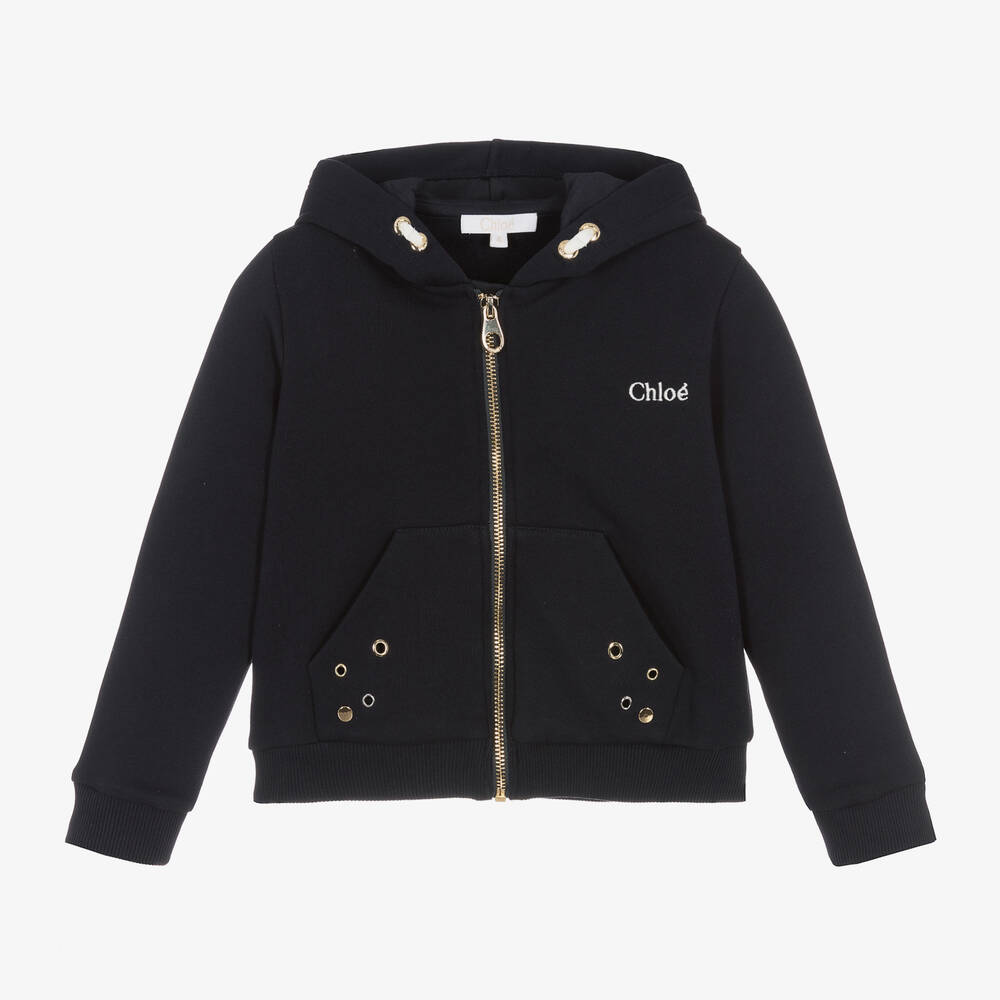 Chloé - Girls Navy Blue Cotton Zip-Up Hoodie | Childrensalon