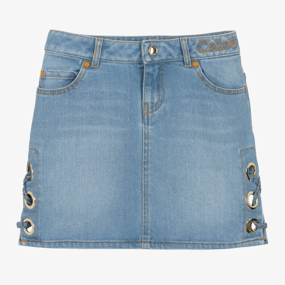 Chloé - Teen Girls Blue Denim Eyelet Skirt | Childrensalon