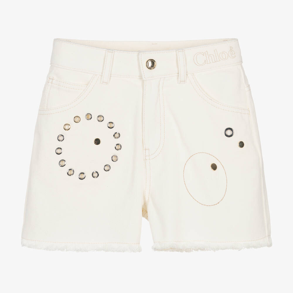 Chloé - Teen Girls Ivory Denim Eyelet Shorts | Childrensalon